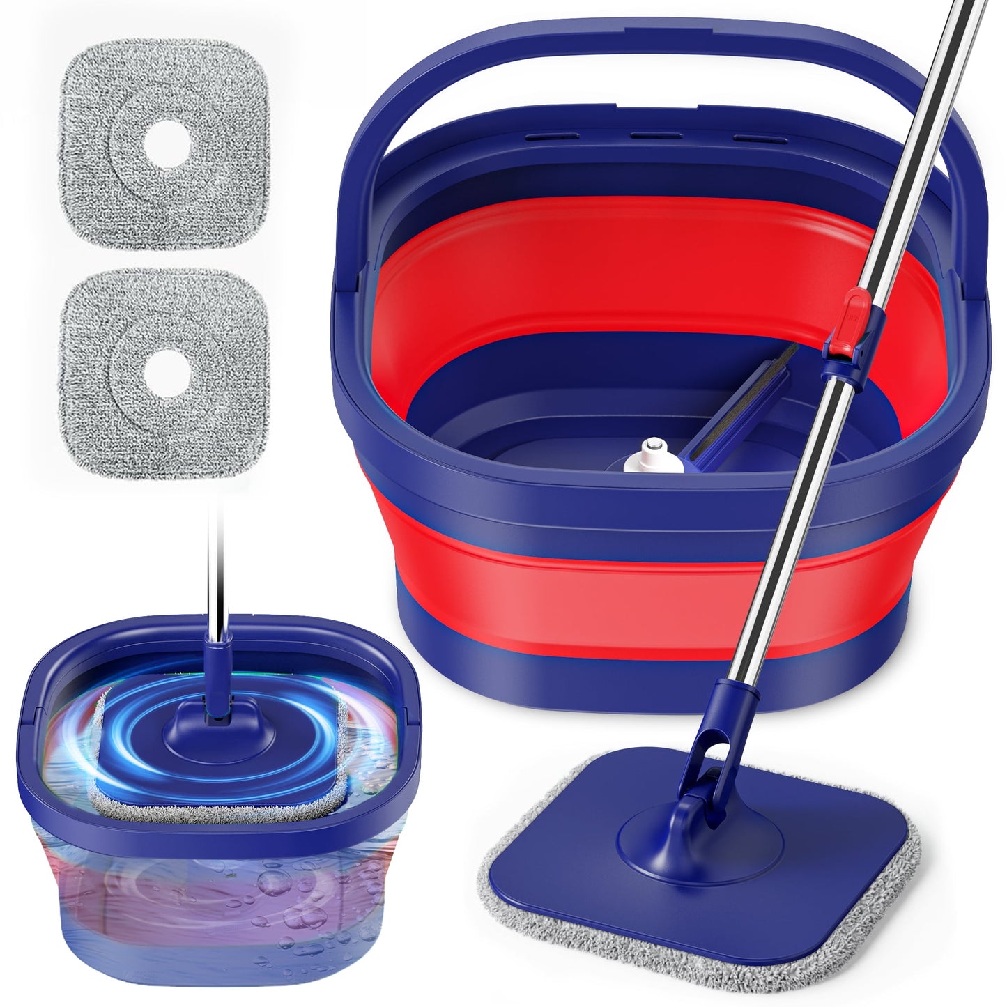 Flat Mop and Bucket with Self Wringer Set, Hand Free Mops and Foldable Bucket with 5 Washable Microfiber Mop Pads, Red