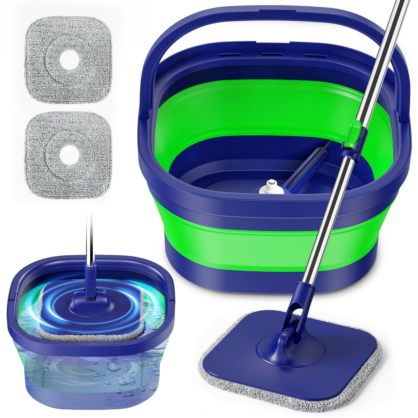 Flat Mop and Bucket with Self Wringer Set, Hand Free Mops and Foldable Bucket with 5 Washable Microfiber Mop Pads