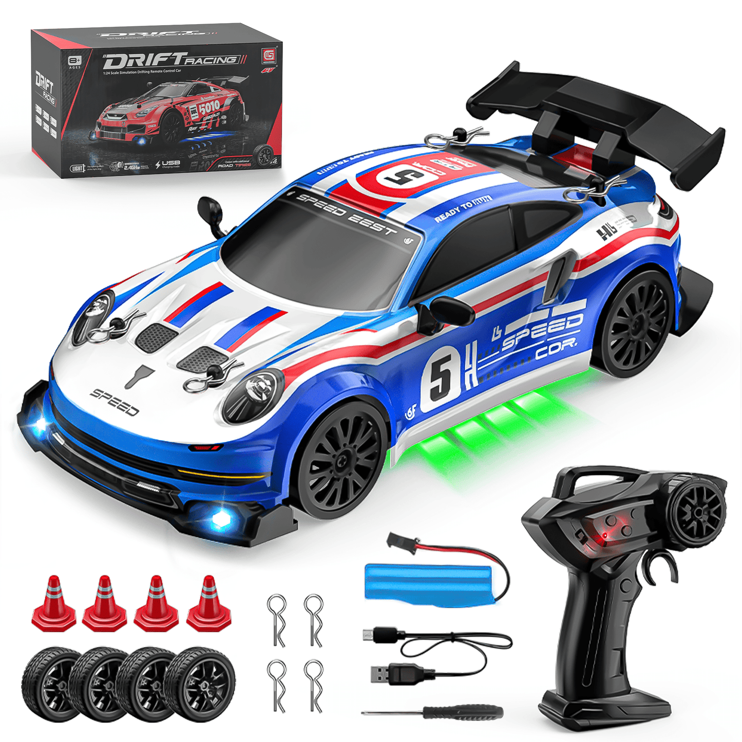 UUGEE Remote Control Car Toys for Boys, 2.4GHz 1:24 RC Drift Car Vehicle with LED Lights, 20KM/H 4WD High Speed Racing Sport Car Gift for Boys Kids Adults£¬Blue