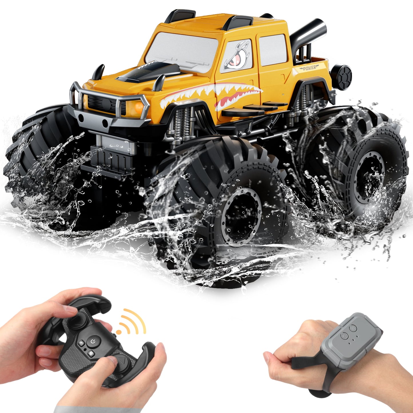 UUGEE Amphibious Remote Control Car Toys for 6-8 Boys, 1:16 RC Monster Truck Cars, 4WD All Terrain Off-Road Gesture Sensing Stunt Pickup Toy for 9 10 12 Year Old Kids Gifts,Yellow