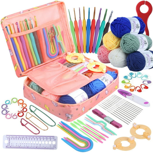 Crochet Kit for Beginners Adults Crochet Hook Set Includes Yarn Balls, Needles, Accessories Kit,Bag Pink