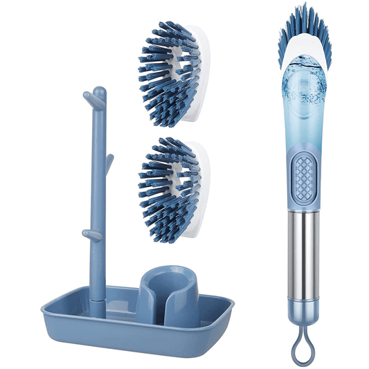 Dish Brush with Soap Dispenser Kitchen Scrub Brush with 3 Brush Replacement Heads for Pot Pan Sink Cleaning
