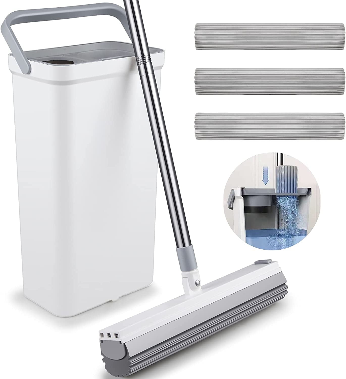 Sponge Mop and Bucket Set with Wringer - Floor Wet Mop with 3 PVA Sponge Heads for Floor Cleaning